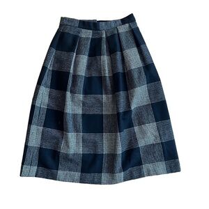 Vintage High-Waisted Wool Midi Skirt in Navy & Black Glen Plaid 100% Pure Wool